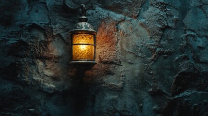 Rustic Wall Lantern Illuminating Textured Stone Background with Warm Amber Glow