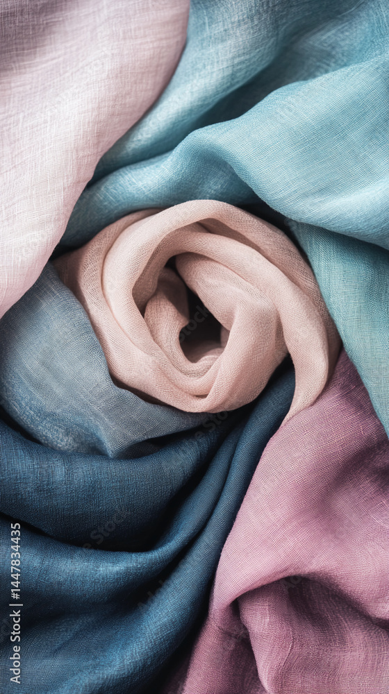 Poster soft pastel fabric texture, folded in a swirling pattern, showcasing subtle color variations of pink