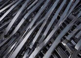 Sleek intersecting metal lines form abstract geometric patterns  Smooth, polished surface, industrial feel ,  grid,  architecture,  technology