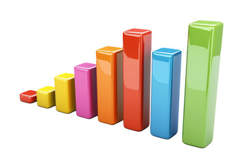 3D bar chart icon with colorful bars, glossy finish, and a white background