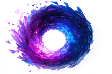 Cosmic vortex with glowing purple and blue polygonal swirls, low poly on a white background