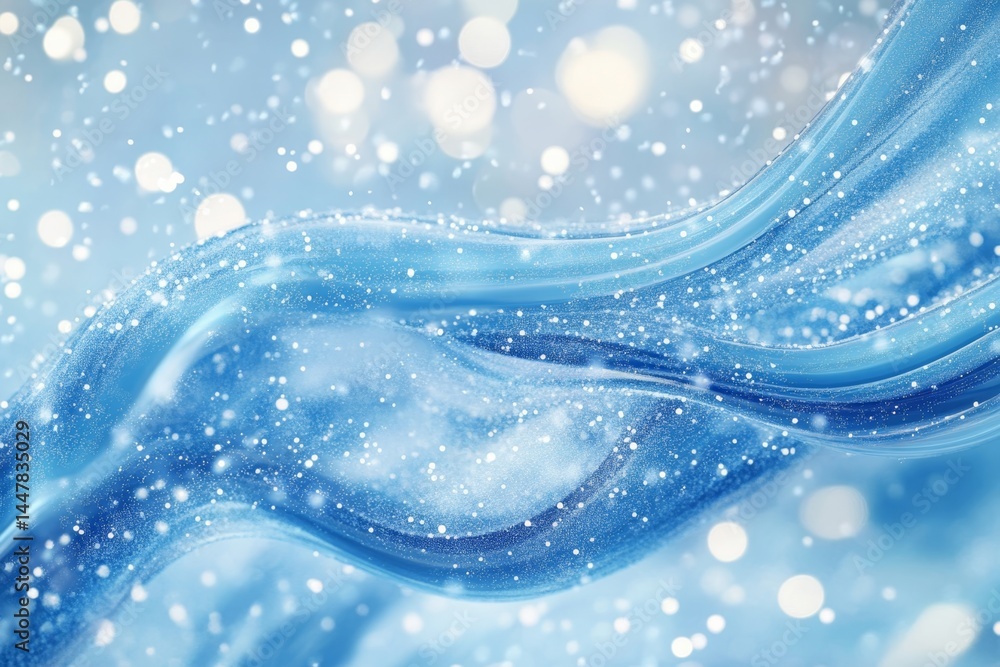 Poster abstract digital illustration of a flowing waterfall in bright blue with sparkling light creating an
