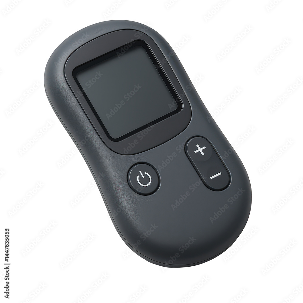 Poster sleek dark gray compact handheld electronic control device featuring a small display screen and intu