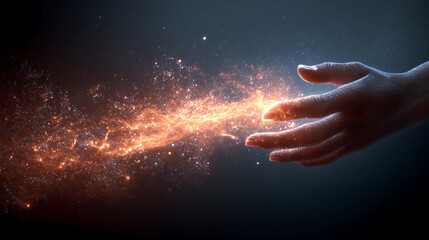 a glowing hand touching an orange spark, cosmic energy transfer