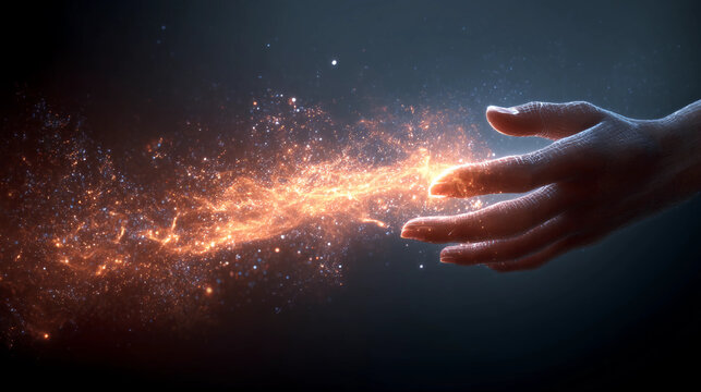 Fototapeta a glowing hand touching an orange spark, cosmic energy transfer