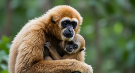 Fototapeta premium A heartwarming image of a mother gibbon cradling her baby, showcasing the tenderness and protective instincts of primates in their natural habitat.