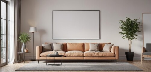 Stylish living room, creative poster mockup clipped to wall,  setting,  space