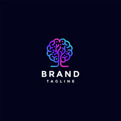 Lively Exciting Colorful Brain Tree Logo Design. Icon People Tree And Brain In One Symbol Logo Design.