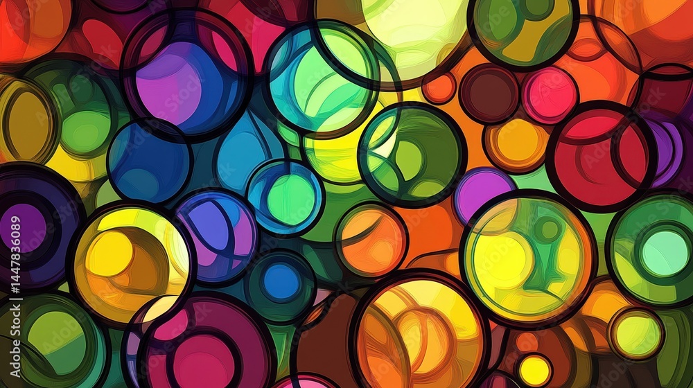 Poster A playful rainbow bubble pattern with overlapping multicolored circles in a dynamic design