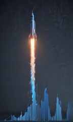 Stylized rocket blasting off from a blue upward trending line graph, showing speed and power ,  illustration,  vibrant, rocket ship