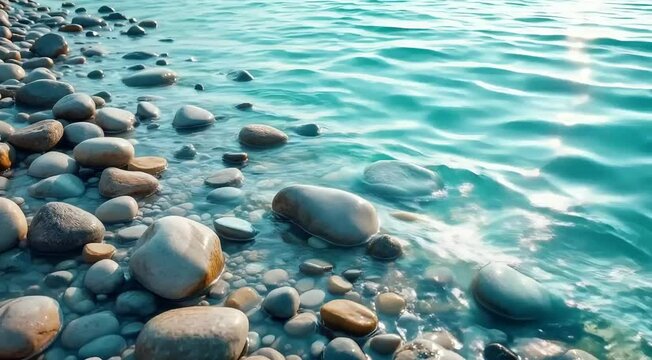 Looping cinematic video of calm turquoise water gently rippling over smooth pebbles on shore, relaxing nature 4K