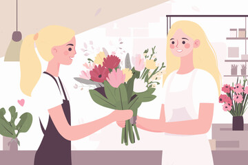 Two women exchanging a bouquet in a modern florist shop.