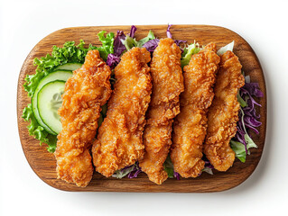 Fried chicken strips with salad and cucumber on a wooden board, isolated against a white background