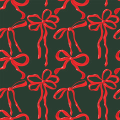 Seamless Pattern of Red Bows on a Dark Green Background. Seamless pattern depicting vibrant red decorative bows over a stylish dark green surface, ideal for festive themes such as Christmas, holiday 