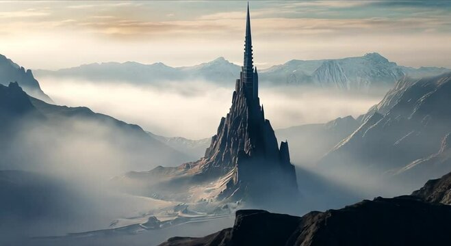 Majestic spire rising from misty mountains, with a distant village nestled in the valley below