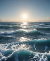 Sun-drenched blue ocean surface with dynamic whitecap waves,  summer,  white,  aquatic