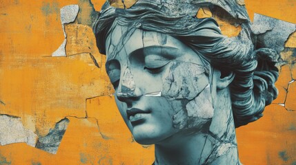 Deteriorating classical sculpture against a yellow background.