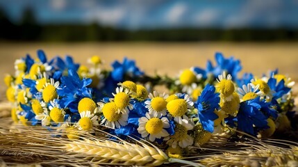 Swedish National Day: A close-up of a blue and yellow floral wreath with fresh wildflowers, soft sunlight casting delicate shadows, blurred golden wheat field background, warm and festive atmosphere 