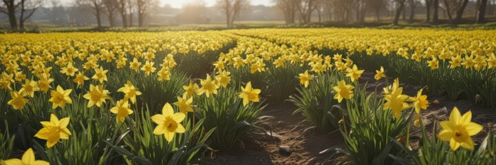 Sunlit daffodil field, vibrant yellow blooms, spring countryside , sunny, sun