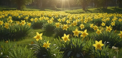 Sunlit daffodils burst forth in vibrant yellow against a lush green field , life, image