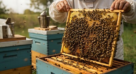 Beekeeper Inspecting Honeycomb Frame in Apiary