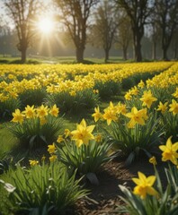 Sunlit daffodils burst forth in vibrant yellow against a lush green field , sun, flowers