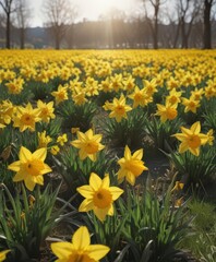 Sunlit field of vibrant yellow daffodils in full bloom , sunny, springtime