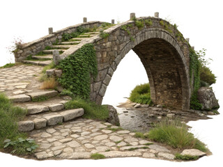 Old curved stone bridge isolated on a white background.