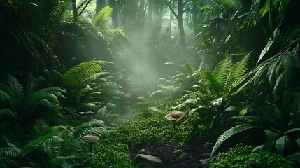 "Lush Green Rainforest Landscape with Dense Foliage and Tropical Vegetation"