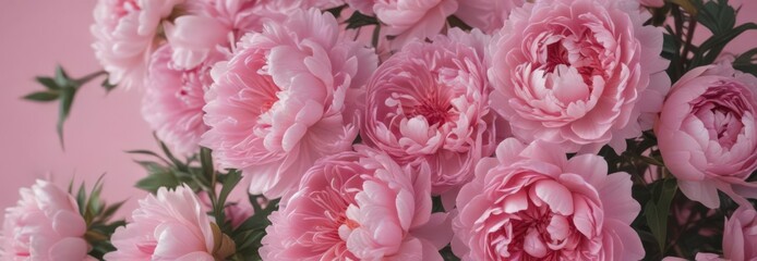 Tightly packed pink peonies, soft pink backdrop, delicate petals, bloom, soft