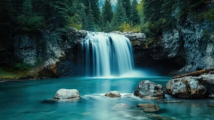 A pristine waterfall cascading down rocky cliffs into a clear blue river