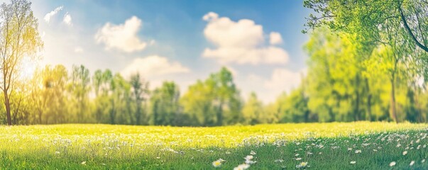 Fototapeta premium Idyllic mountain landscape with fresh green meadows and blooming wildflowers. Idyllic nature countryside view, rural outdoor natural view. idyllic banner nature, panoramic spring summer scenery Pro Ph