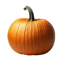 A perfectly ripe pumpkin, showcasing its vibrant orange color. A close up shot of the top of the pumpkin demonstrates its green stem.