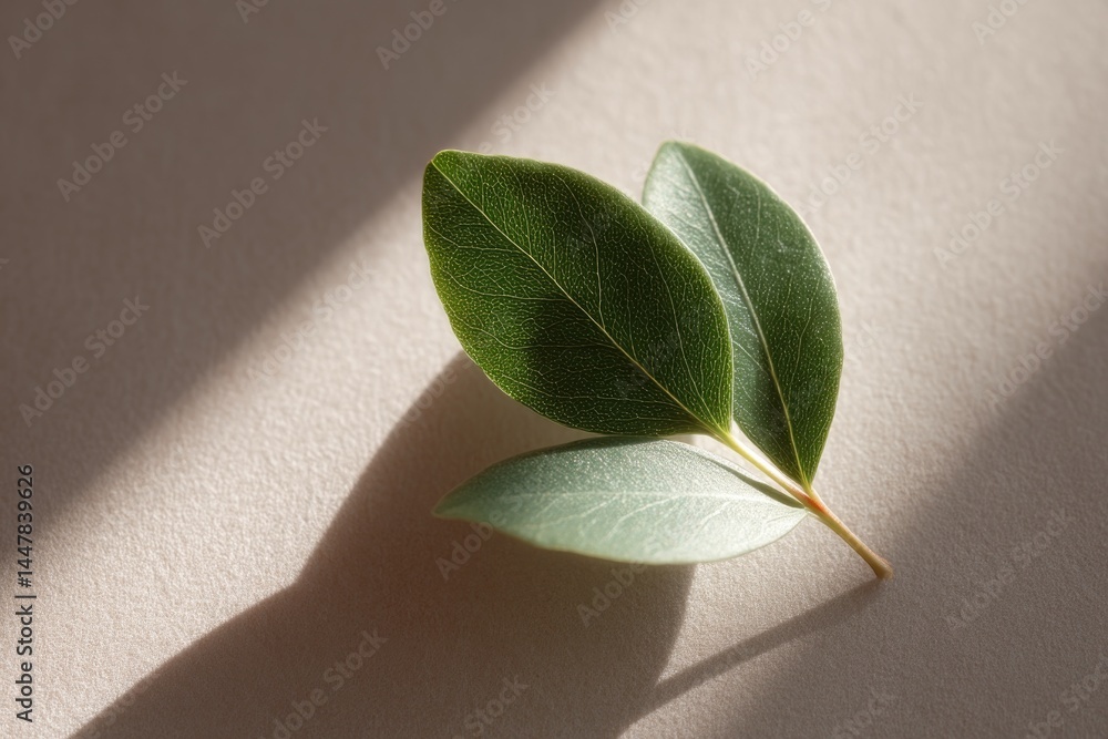 Aufkleber capture minimalistic scene of single green leaf casting shadow on neutral background
