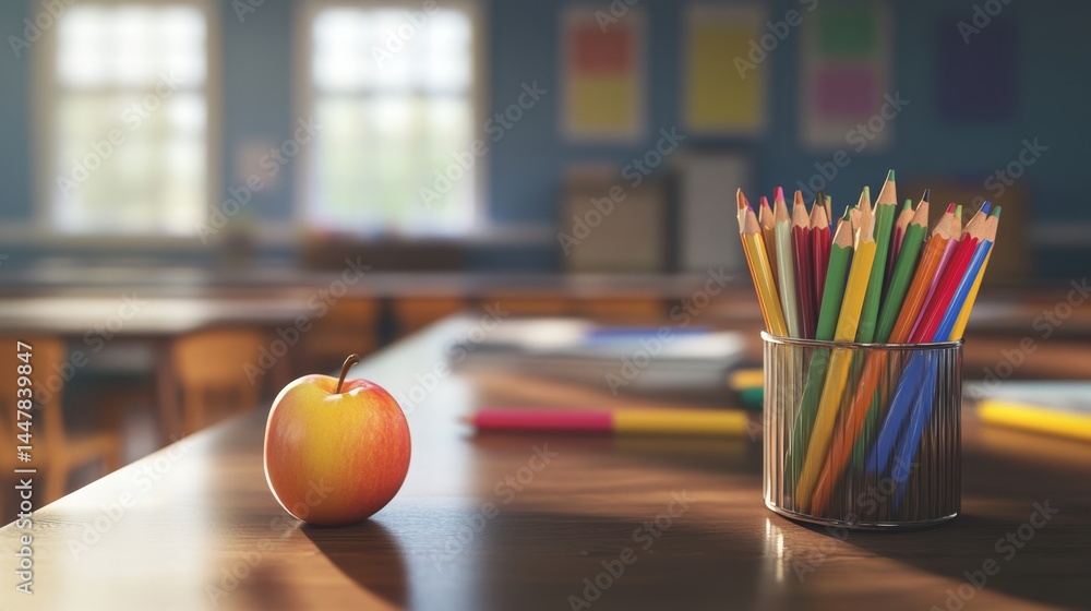 Poster the image depicts a classroom setting with a student's desk and apple. the desk has an apple on it, 