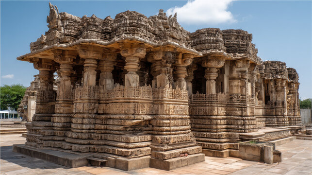 The intricately carved stone architecture of the Sun Temple in Modhera India stands as a testament to ancient craftsmanship and spiritual devotion on a sunny day.