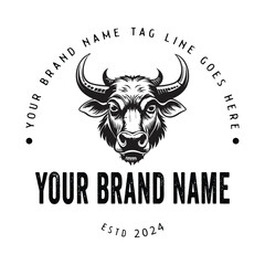 Hand-drawn bull logo, bold and rough lines, strong expression, masculine vintage style