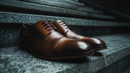 Close-up of polished leather shoes on stairs, career ambition theme
