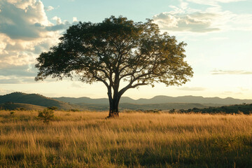 Obraz premium Lone Tree on a Meadow with Mountains