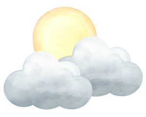 Watercolor sun behind clouds on a transparent background.