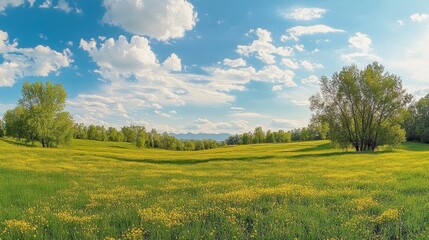 Fototapeta premium Idyllic mountain landscape with fresh green meadows and blooming wildflowers. Idyllic nature countryside view, rural outdoor natural view. idyllic banner nature, panoramic spring summer scenery Pro Ph