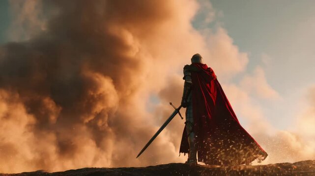 Brave Knight in Red Cape Stands Against a Fiery Smoky Sky Holding his Sword
