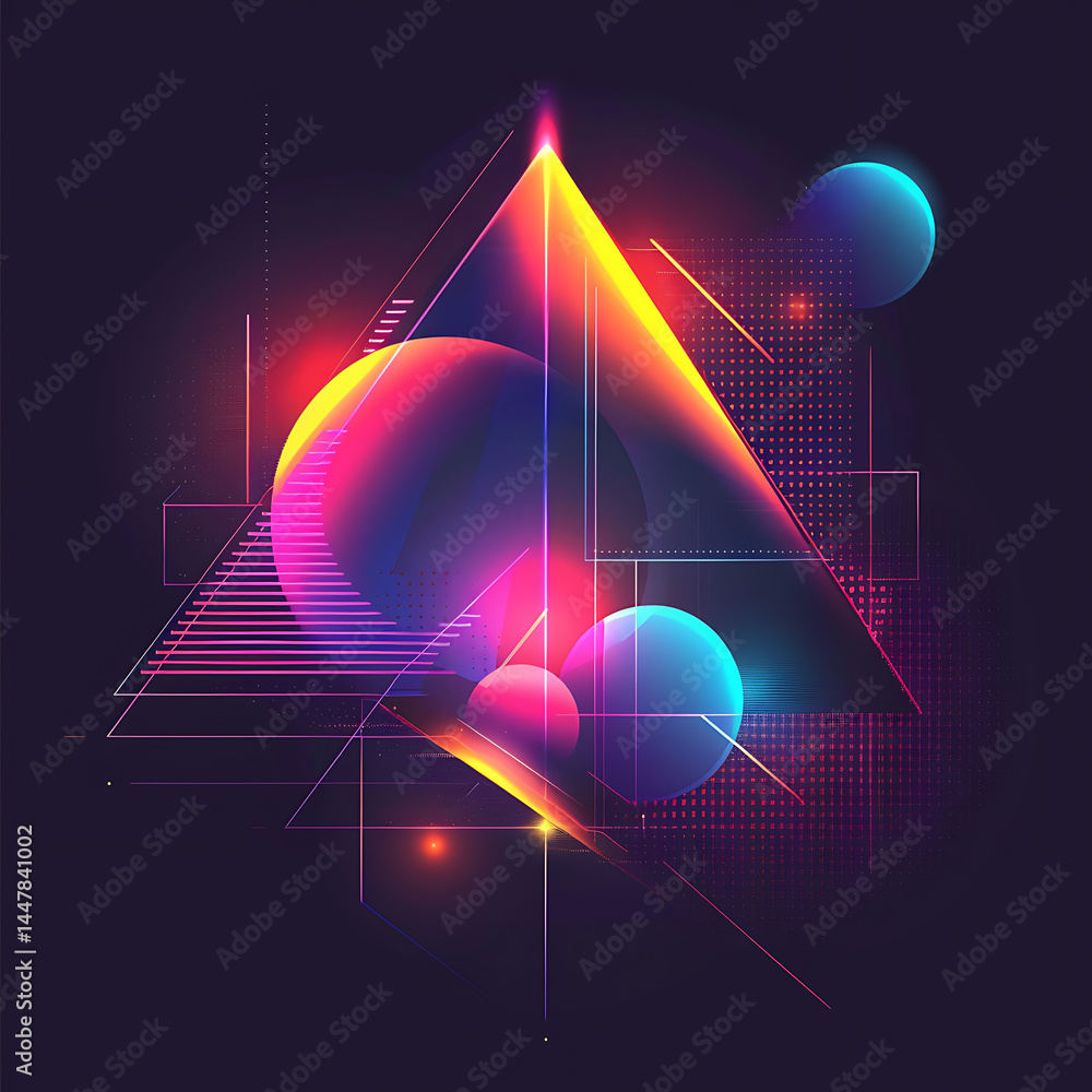 Poster abstract composition with glowing neon geometric shapes like triangles and circles, featuring vibran