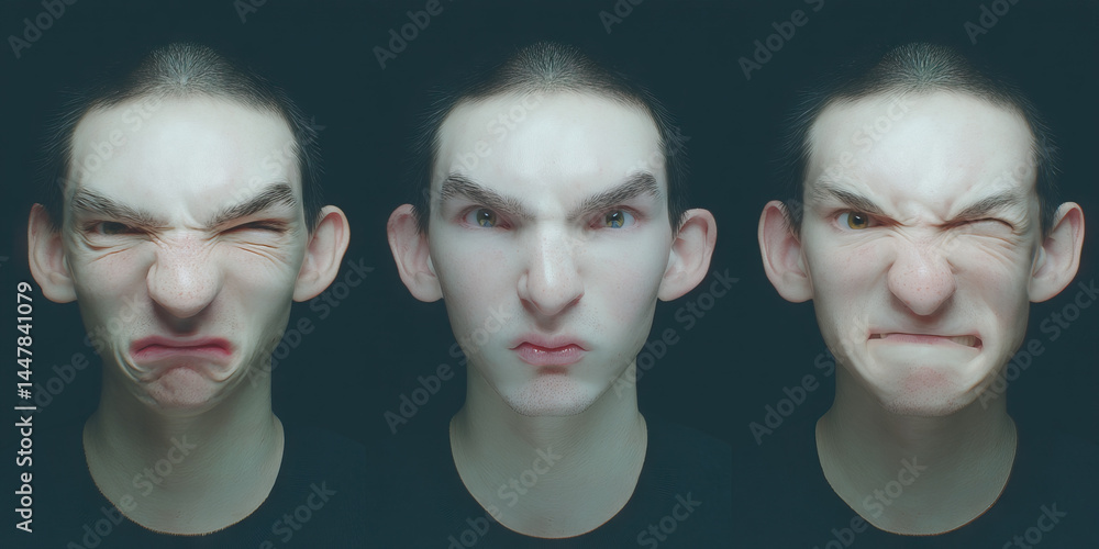 Poster digital renderings of a male face displaying three expressions