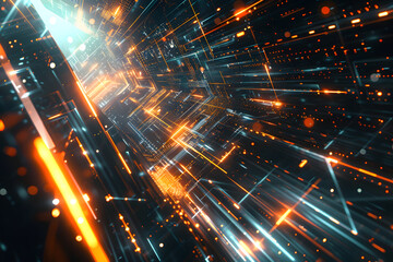 Fototapeta premium Glowing Blue and Orange Light Streaks Creating Depth and Motion in a Dynamic Digital Landscape