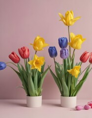 Vibrant tulips, daffodils, hyacinths on pastel paper  ,  spring blossoms,  colorful,  flora