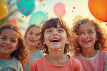 Happy children celebrating Children's Day with balloons at sunset  