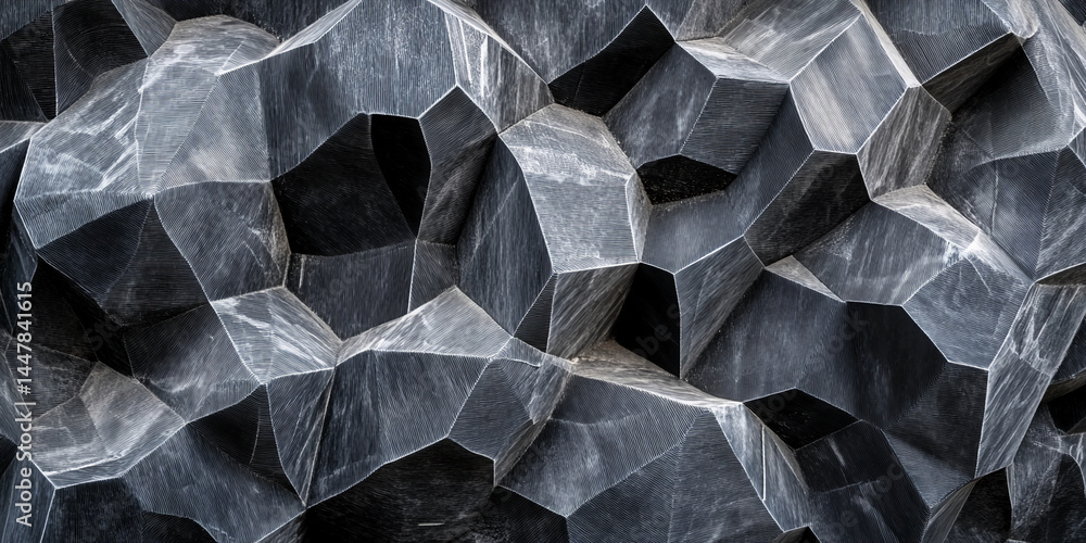 Fototapete Dark gray textured surface with geometric, faceted shapes creating a three-dimensional, abstract pattern, showcasing depth and texture suitable for modern design