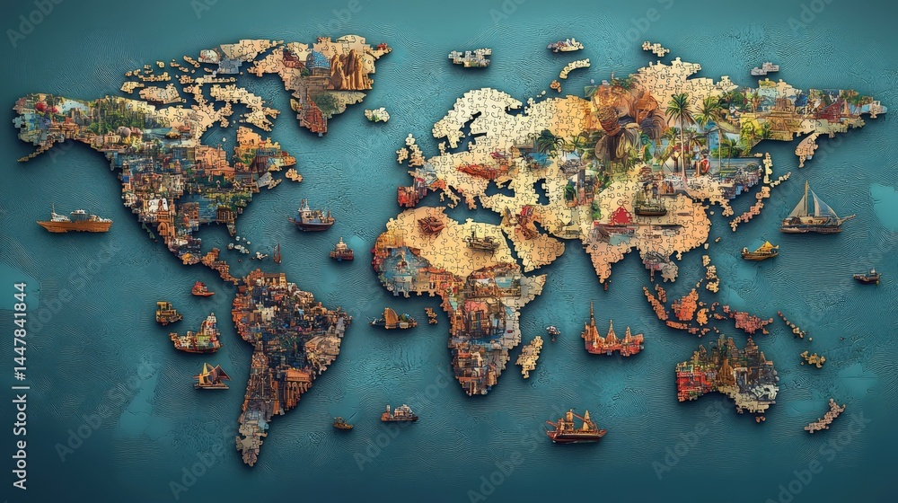 Poster a puzzle-themed world map where continents are shaped like interlocking jigsaw pieces, symbolizing u