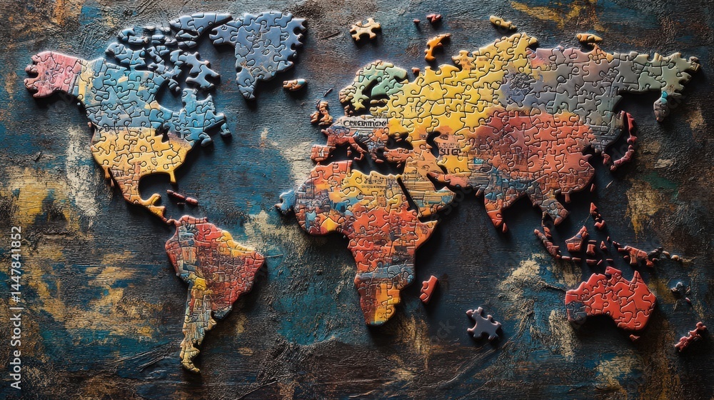 Poster a puzzle-themed world map where continents are shaped like interlocking jigsaw pieces, symbolizing u